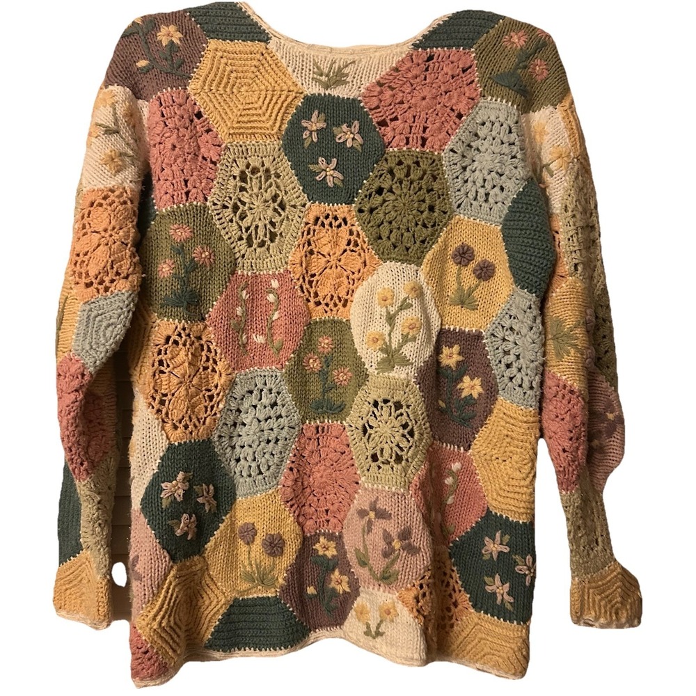 Vintage Petite Sophisticate Quilt Cottagecore Granny Squares Sweater Womens P